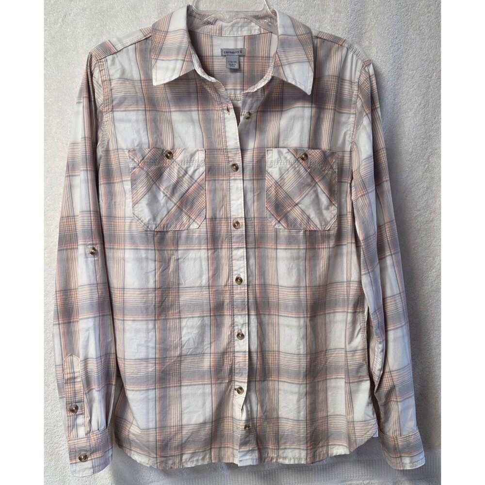Carhartt Women's Plaid Button Up Shirt L Large Pink Grey Roll Tab Sleeve Utility